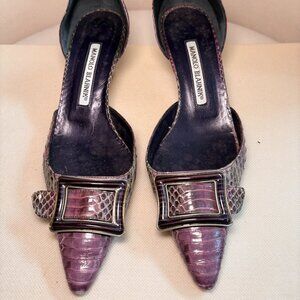Vintage Manolo Blahnik Purple Snakeskin D'Orsay Kitten Buckle Heels, Sz 37.5